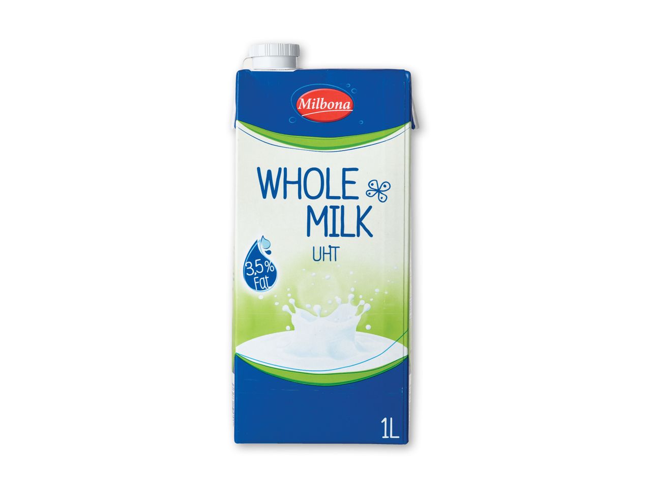 Milbona sødmælk UHT med 3,5% fedt i en 1-liters karton.