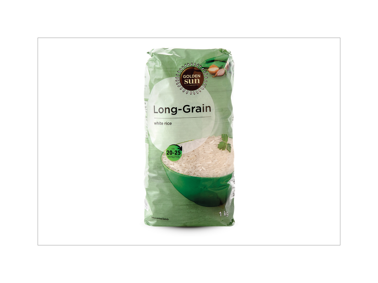 Pakiranje Golden Sun duge bijele riže od 1 kg, s naznakom vremena kuhanja od 20-25 minuta.
