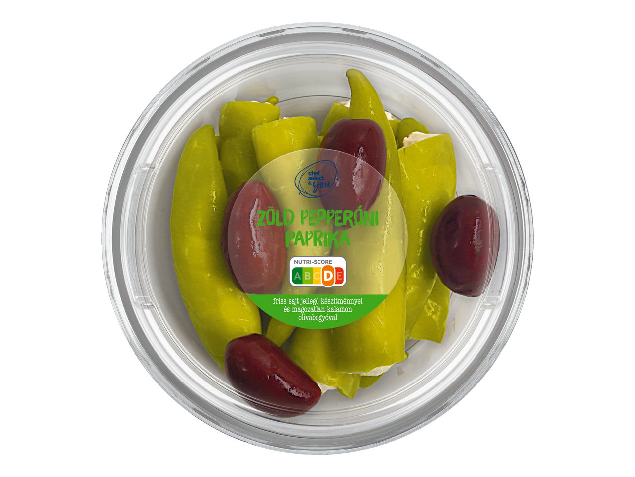 Töltött zöldpaprika és olívabogyó átlátszó edényben Chef Select & You.