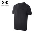 Black short-sleeved crew neck t-shirt with a subtle logo on the chest.