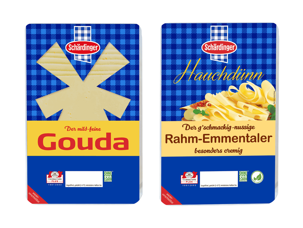 Zwei Käsesorten von Hochland: Gouda und Rahm-Emmentaler.