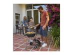 Family grilling outdoors with a charcoal barbecue, enjoying cooked vegetables and meat.