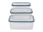 Stack of three clear rectangular food storage containers with teal lids and white clips.