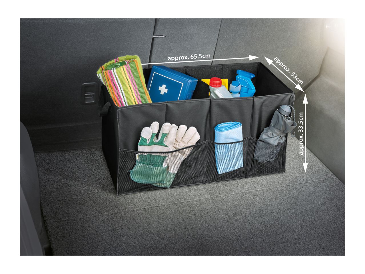Black car boot organiser with dimensions: approx. 65.5 x 33 x 33.5cm.