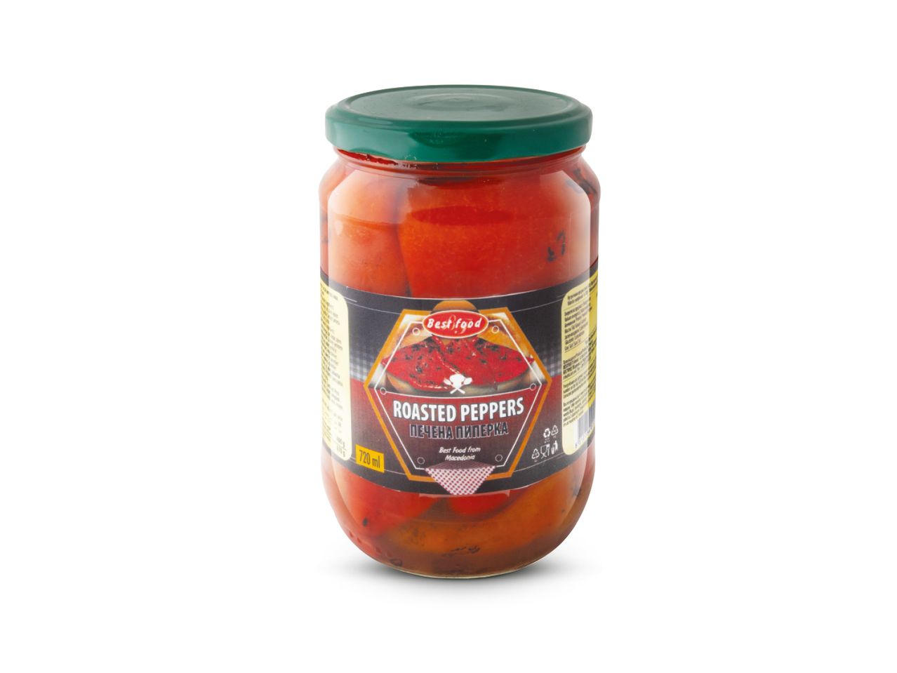Staklenka Best Food pečenih paprika s tamnozelenim poklopcem na bijeloj pozadini.