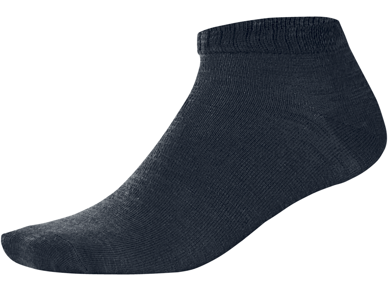 A single dark blue ankle sock, shown from the side against a black background.
