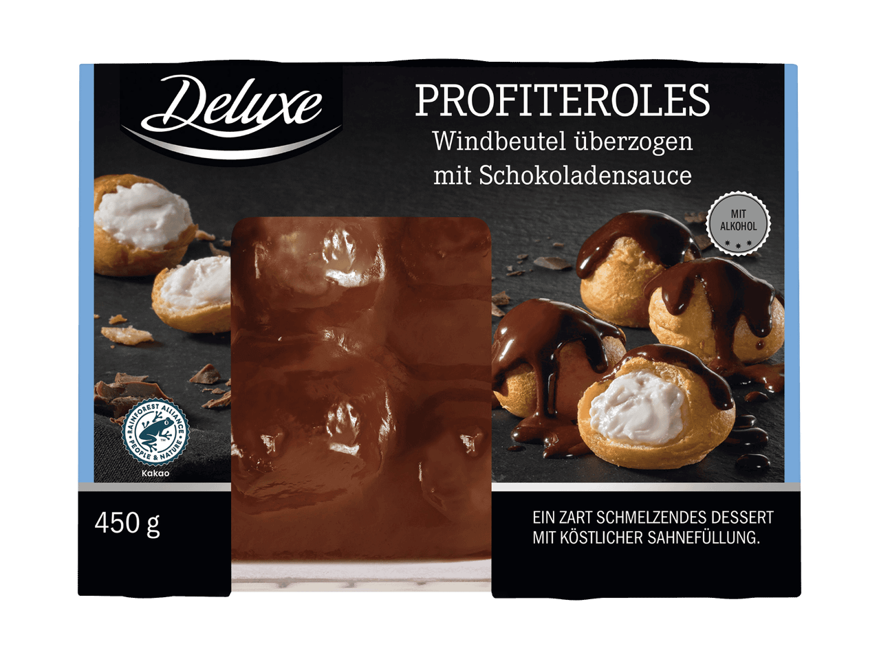 Profiteroles mit Schokoladensauce und Sahnefüllung, 450g, mit Alkohol.