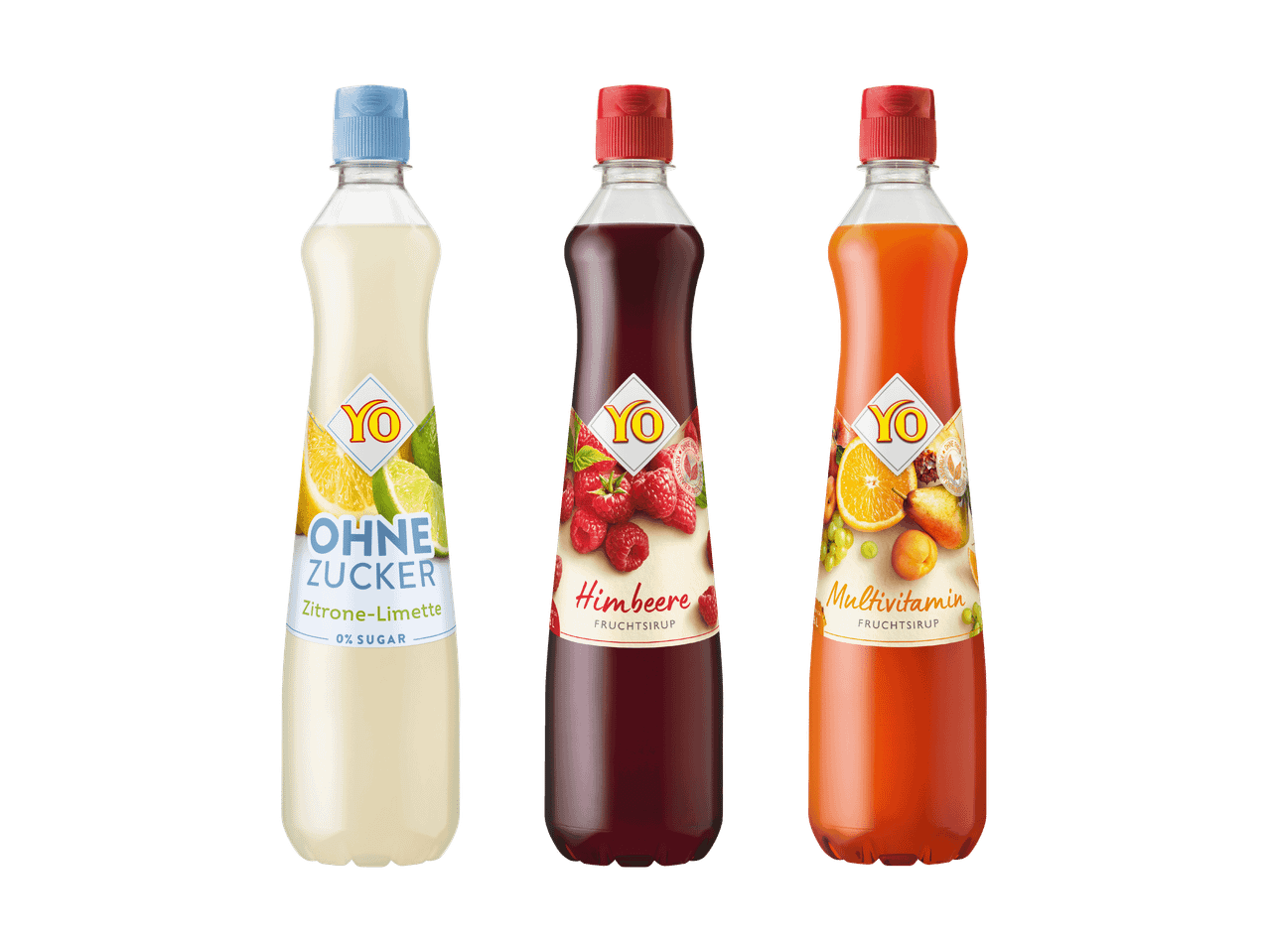 Drei Flaschen Fruchtsirup: Zitrone-Limette ohne Zucker, Himbeere und Multivitamin.