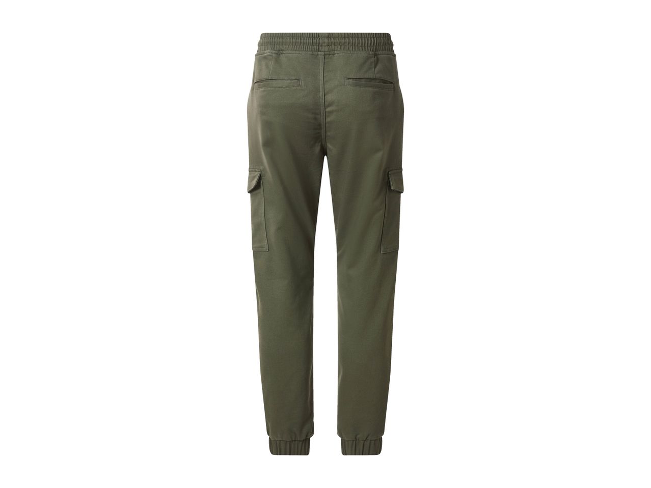 Men's olive green cargo jogger trousers, back view