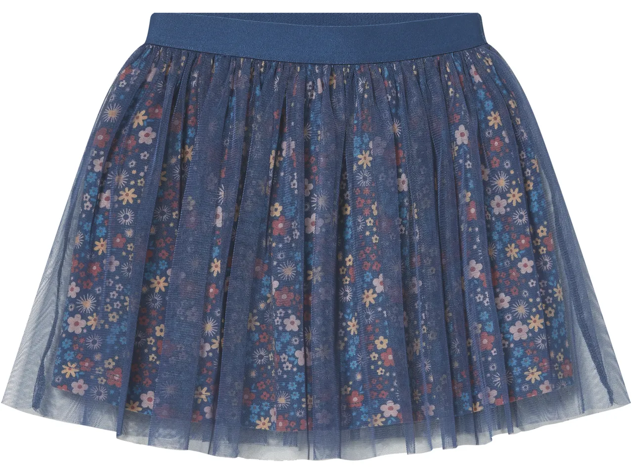 Gonna in tulle blu con stampa floreale colorata