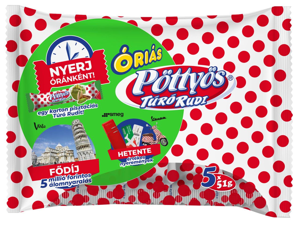 Óriás Pöttyös Túró Rudi csomagolás, nyereményjátékkal, 5x51g.