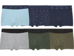 Sex par boxershorts i olika färger och mönster, inklusive blå, mörkblå, grå och olivgrön.