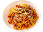A plate of spaghetti with meat sauce, topped with parmesan cheese and parsley.