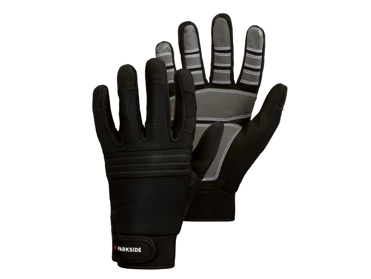 Pair of black and gray Parkside work gloves with white stitching