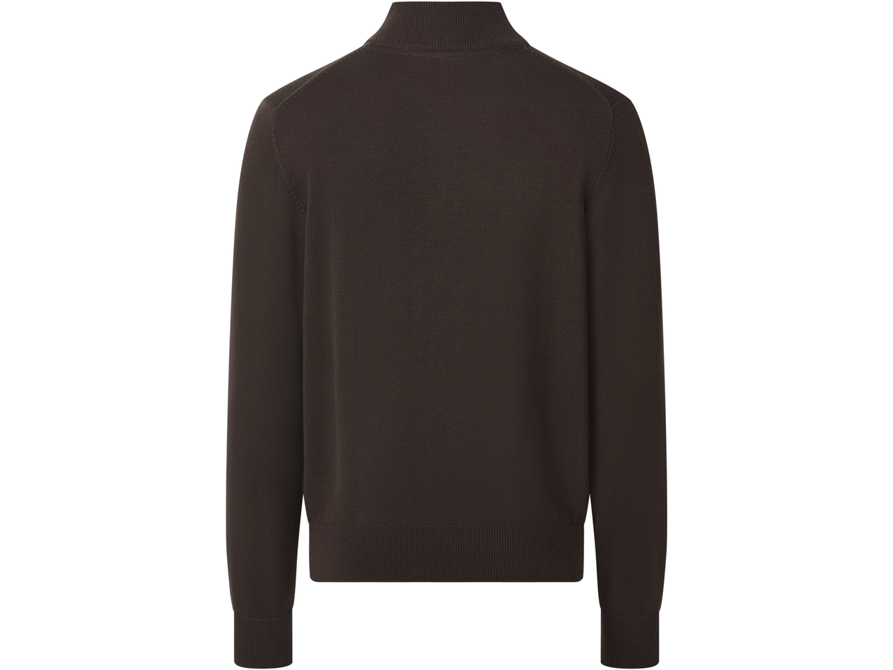 Тъмнокафяв пуловер с висока яка, гръб.
