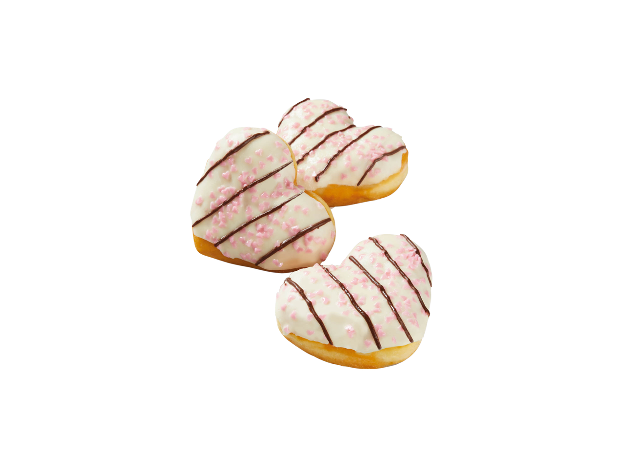Three heart-shaped donuts with white icing, chocolate stripes, and pink sprinkles.