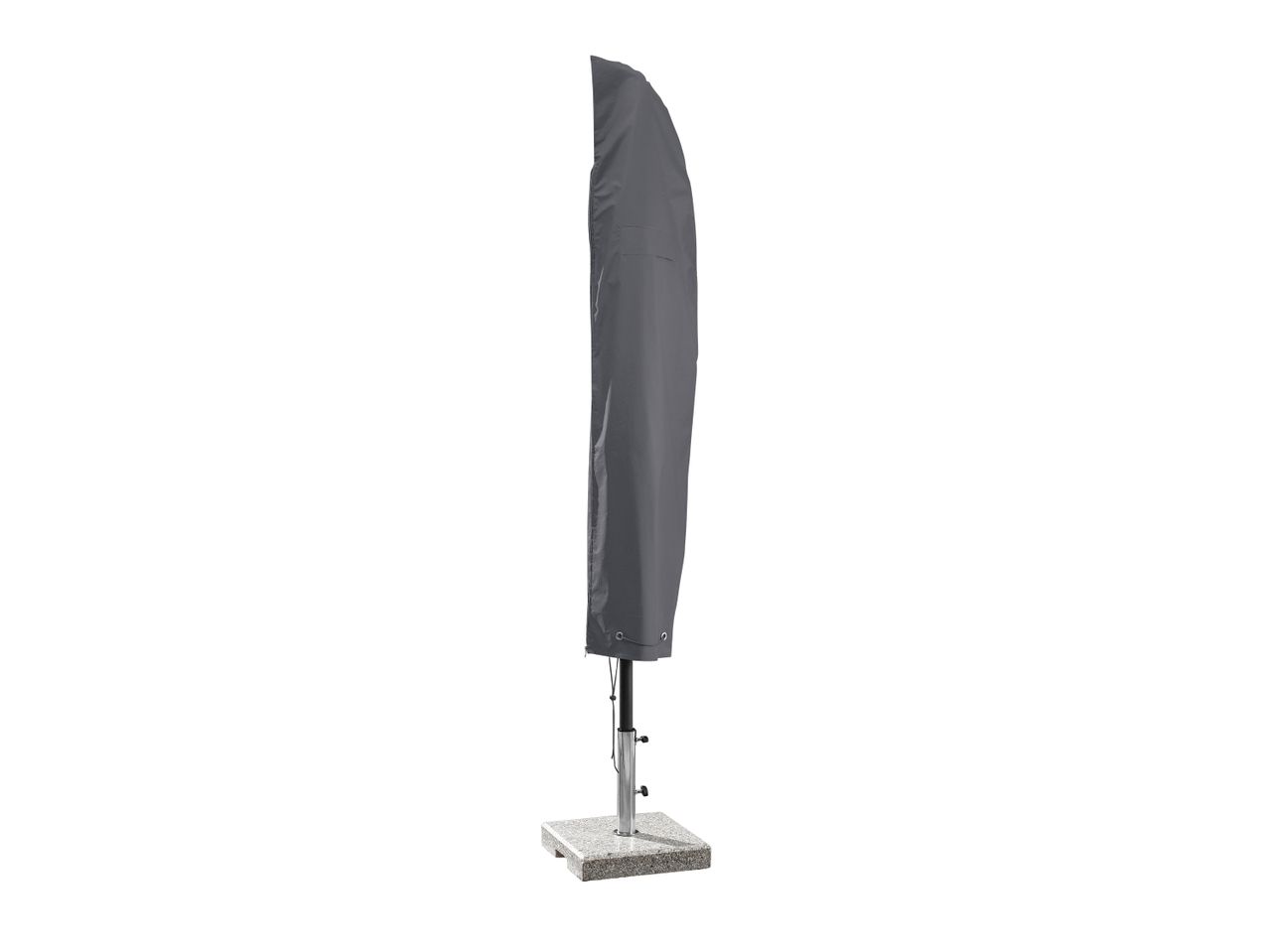 A gray cantilever parasol cover protects an outdoor umbrella.