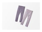 Two pairs of children's leggings, one solid purple and one purple with cat faces.