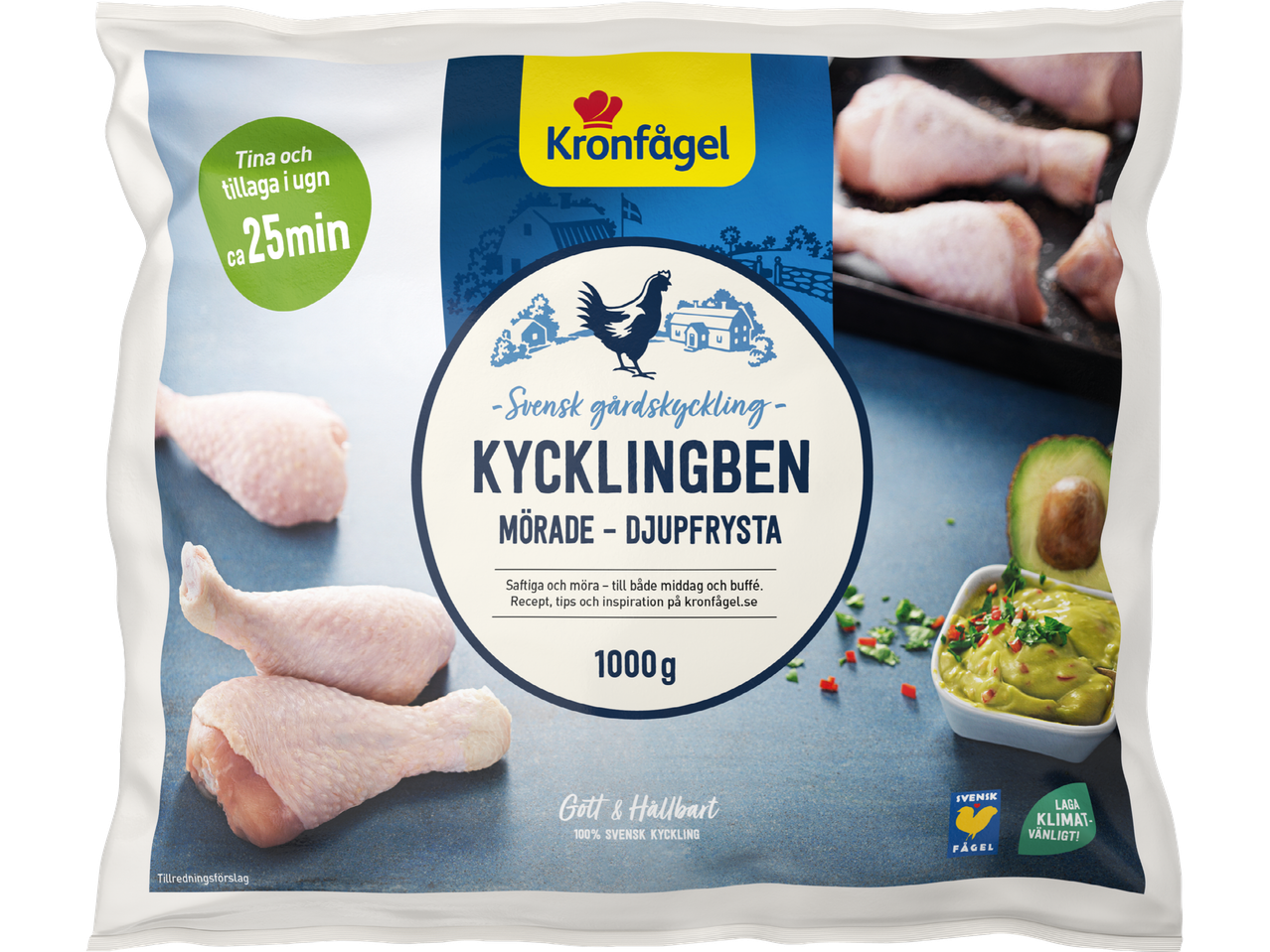 Kronfågel kycklingben, mörade och djupfrysta, med tillagningstid och vikt.