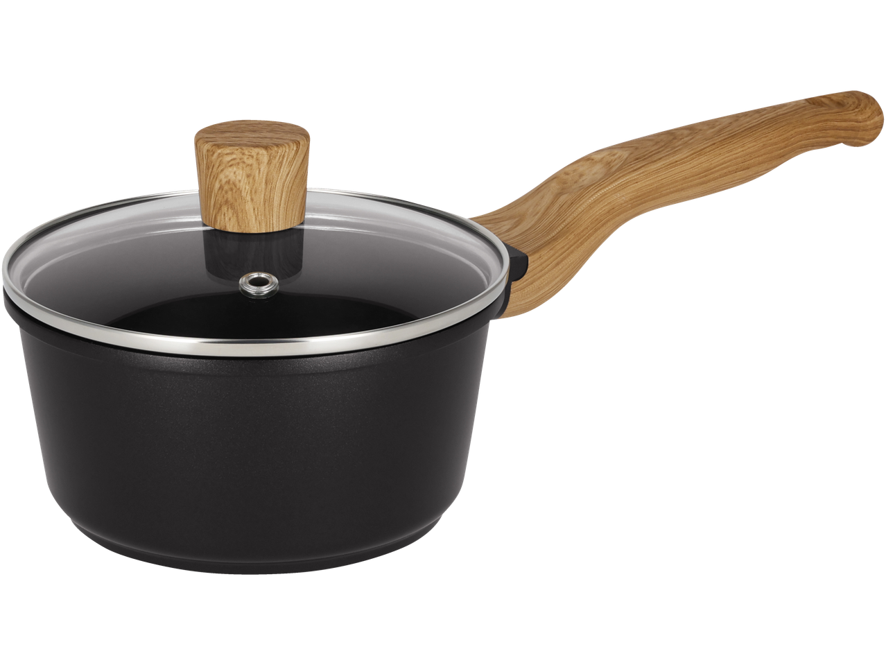 Caçarola ou panela de alumínio SILVERCREST com tampa de vidro e cabo de madeira.
