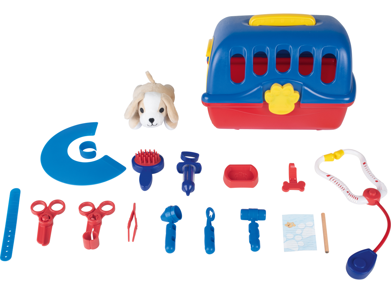 Ensemble vétérinaire LUPILU® avec cage de transport, peluche et jouets médicaux.