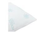 White pillow with 'Cold Touch' text and snowflake pattern, featuring a zipper closure.