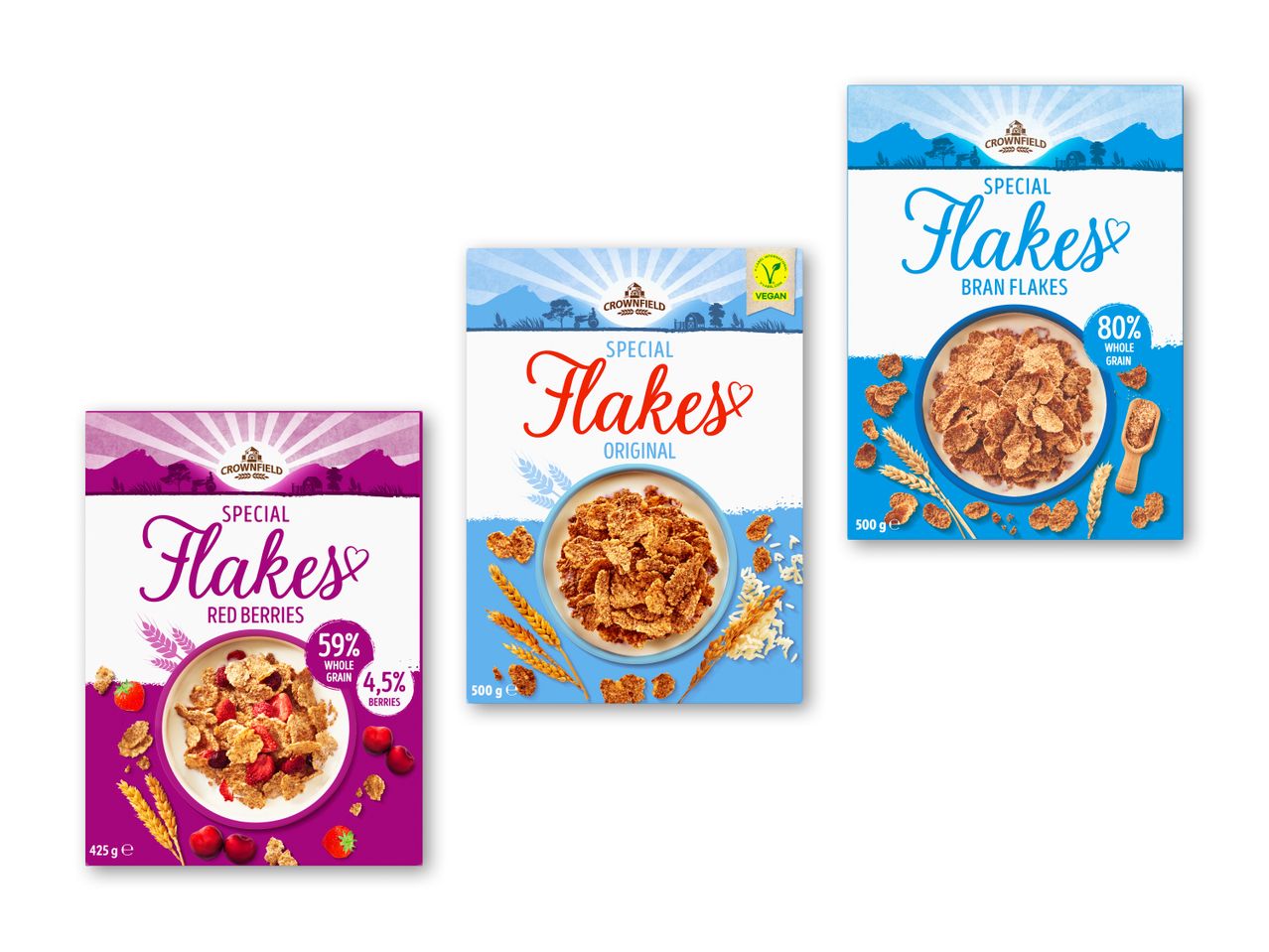 Tre pakker morgenmadsprodukter: Special Flakes med røde bær, Original og Bran Flakes.