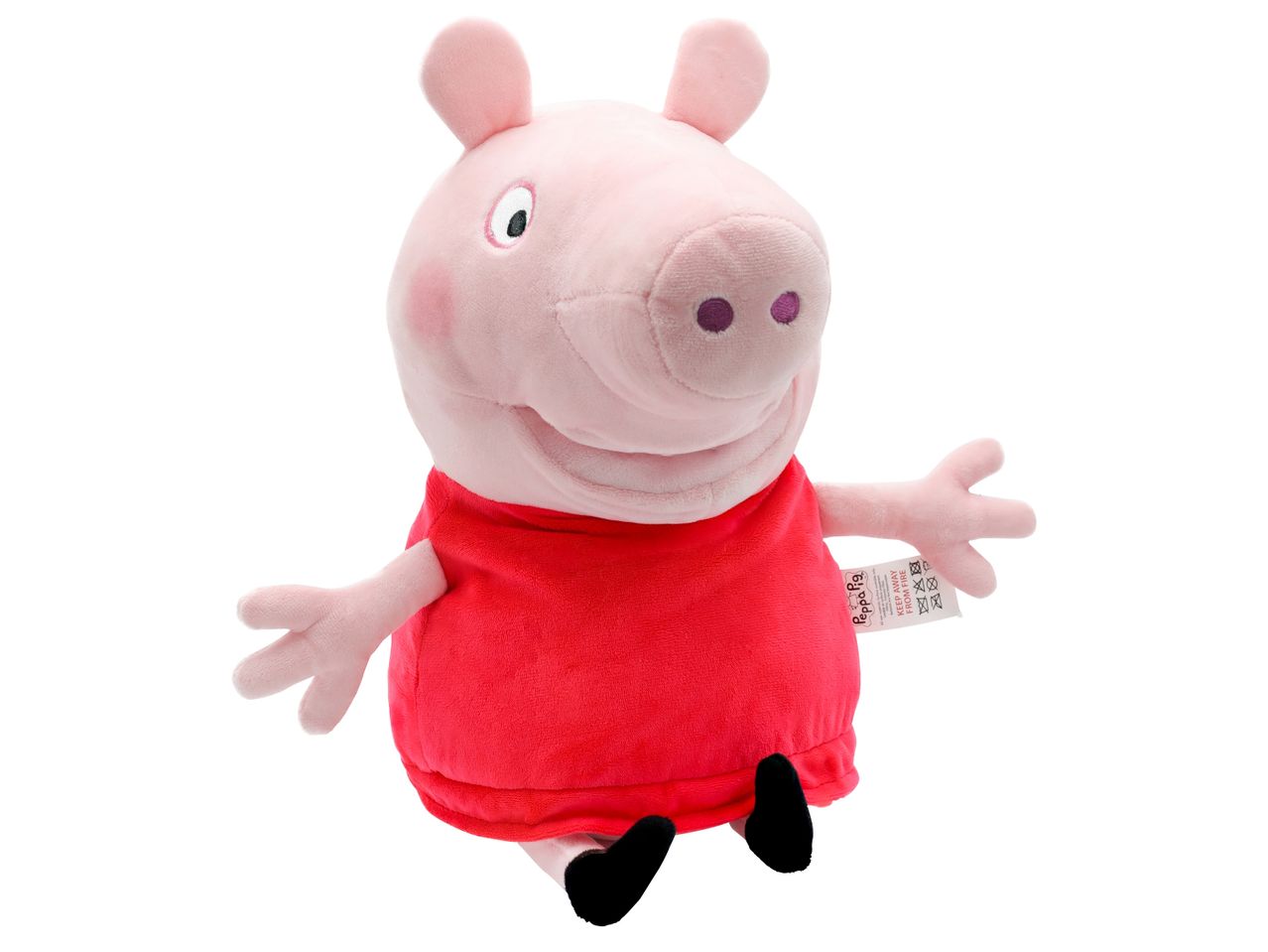 Плюшена играчка Peppa Pig в червена рокля, седнала.