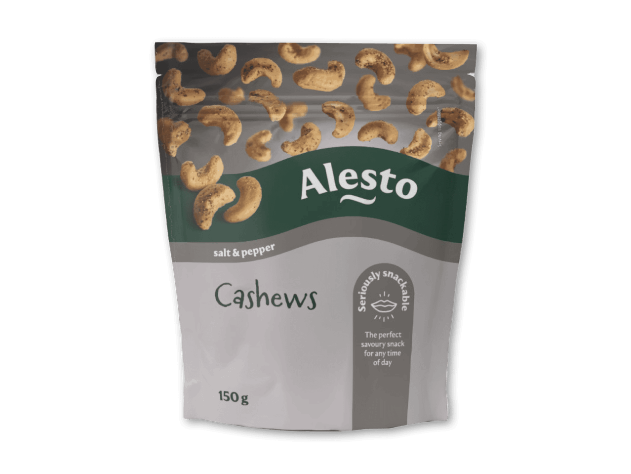 Pose med cashewnødder med salt og peber, 150g, med teksten 'Seriously snackable'.
