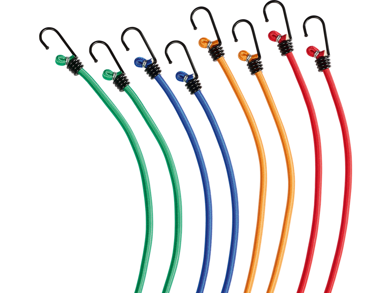 Set van kleurrijke elastische koorden met haken in groen, blauw, oranje en rood.