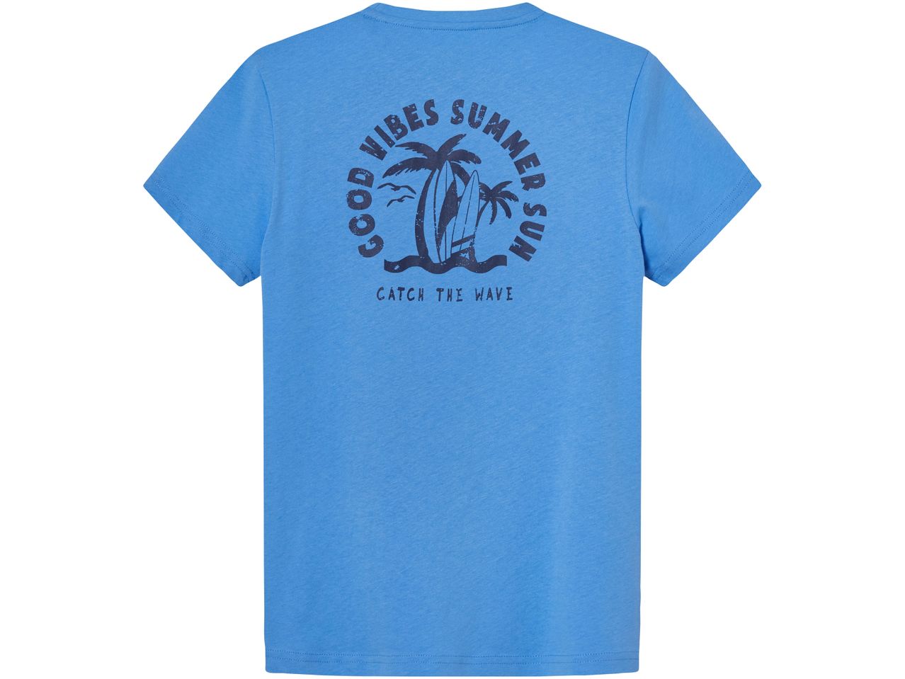 Blue t-shirt with a graphic print of palm trees, surfboards, and text 