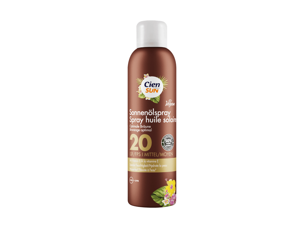 Spray huile solaire SPF 20 pour un bronzage optimal, végétalien et résistant à l'eau.