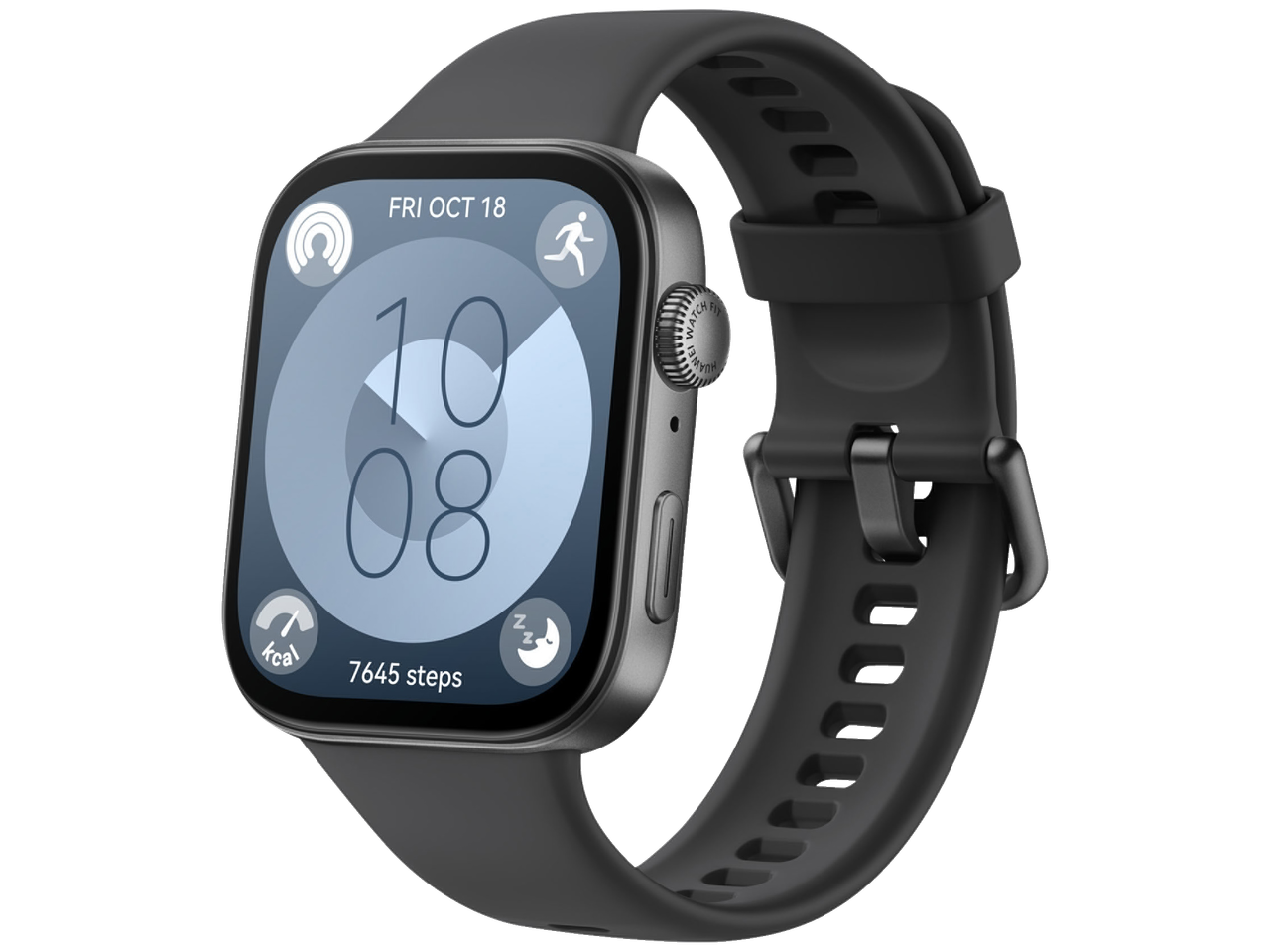 Schwarzer HUAWEI Fitness-Tracker mit Zeit-, Schritt- und Kalorienanzeige.