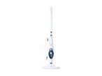 A white and blue steam mop stands upright on a white background.