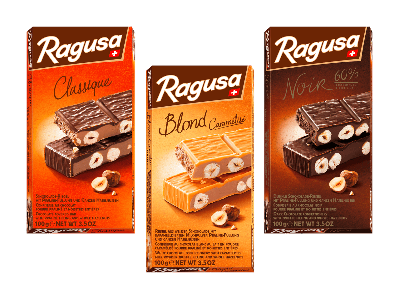 Trois barres de chocolat aux noisettes : classique, blond caramélisé et noir 60% cacao.