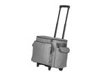 Grey rolling cooler bag with an extended telescopic handle