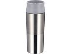 A tall, cylindrical stainless steel travel mug with a light gray plastic top.
