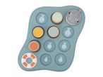 Ocean-themed baby sensory toy with a shark, fish, and colorful wooden pieces.