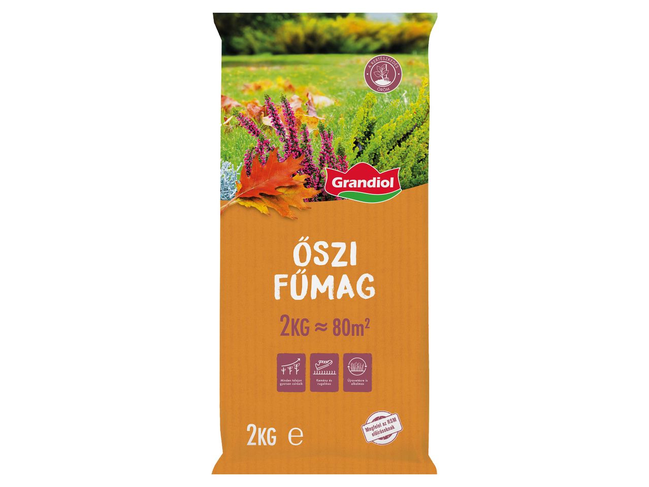 Grandioli őszi fűmag csomagolása, 2 kg-os kiszerelésben, 80 m²-re elegendő.
