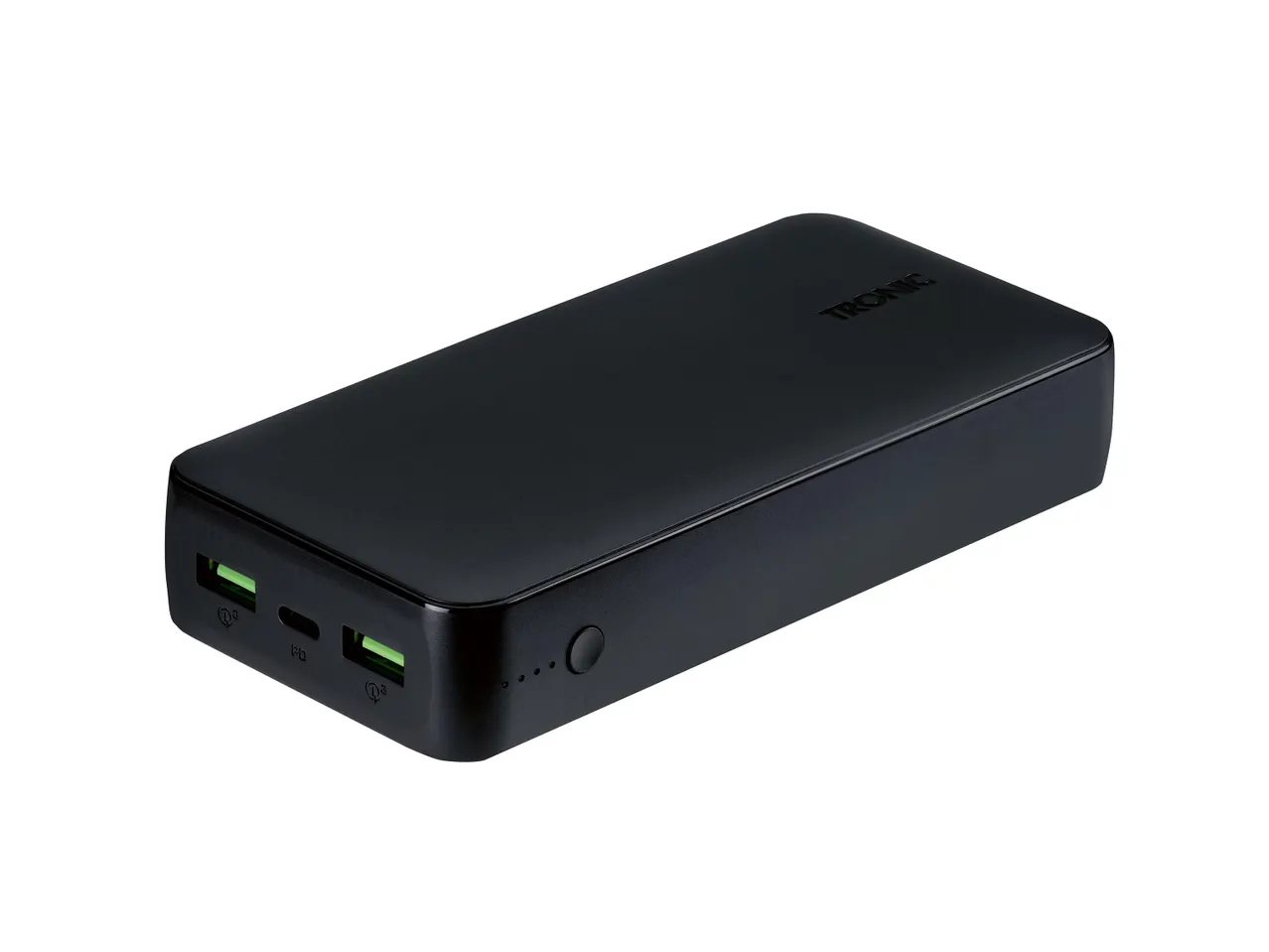 Fekete TRONIC power bank két USB-A és egy USB-C porttal, bekapcsológombbal és töltöttségjelző LED-ekkel