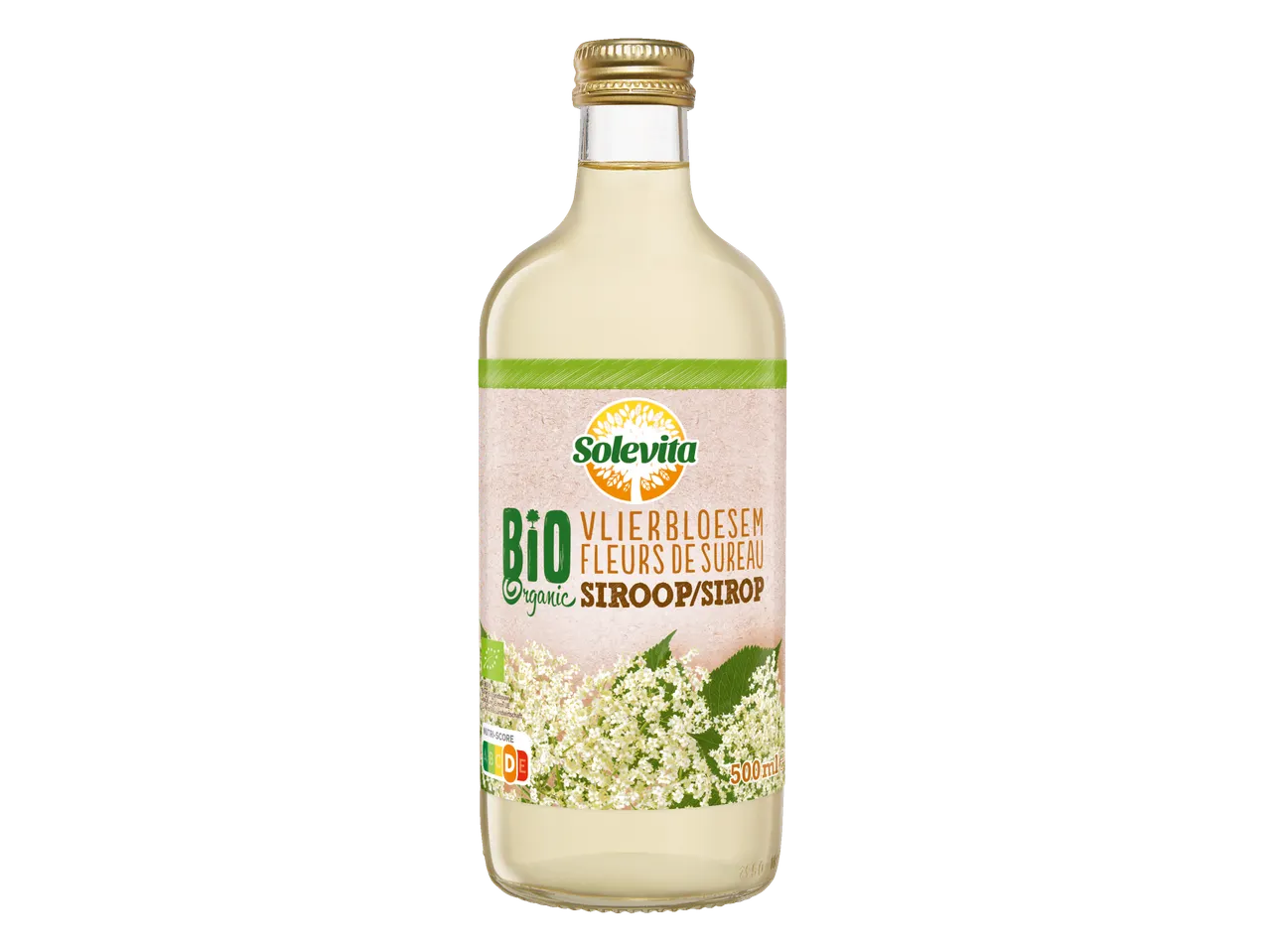 Solevita biologische vlierbloesemsiroop in een fles van 500ml.