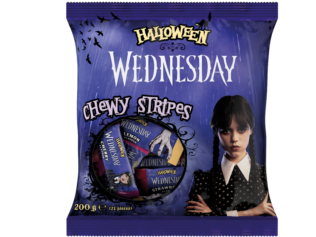 Halloween Wednesday Chewy Stripes godispåse med Wednesday Addams.