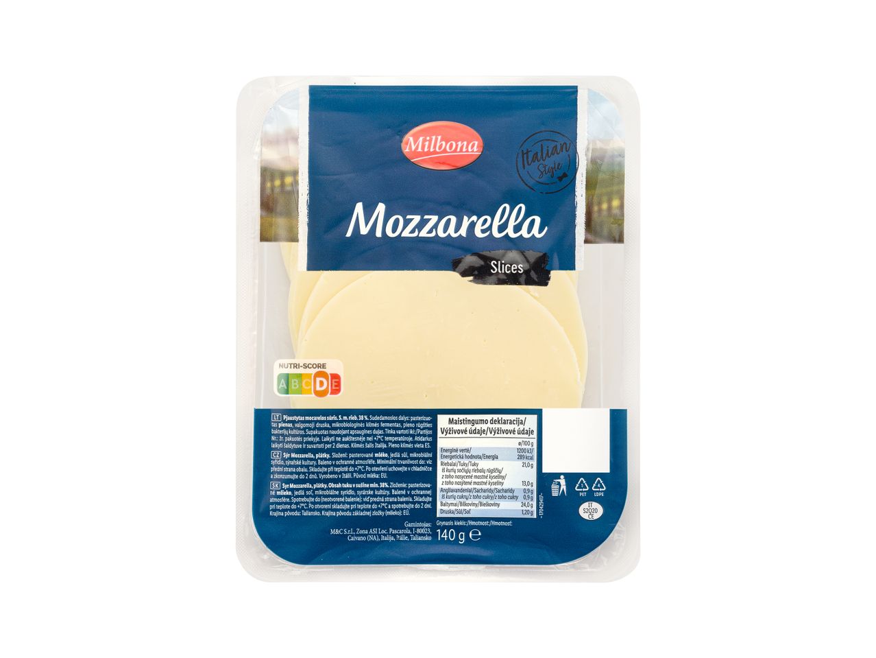 Milbona mocarelos riekelės, itališko stiliaus.