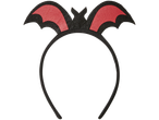 Black headband with red and black bat wings for a Halloween costume.