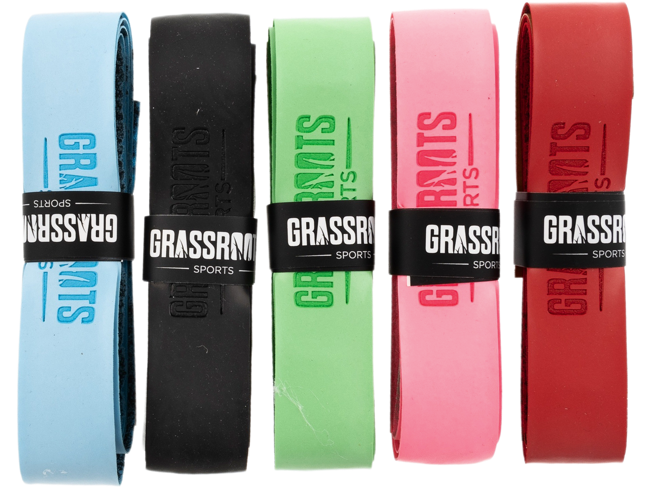 Five colorful hurling grips in blue, black, green, pink, and red, with 'GRASSROOTS SPORTS' branding.
