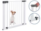 Бяла предпазна врата Safety 1st с куче зад нея и детайли на механизма.
