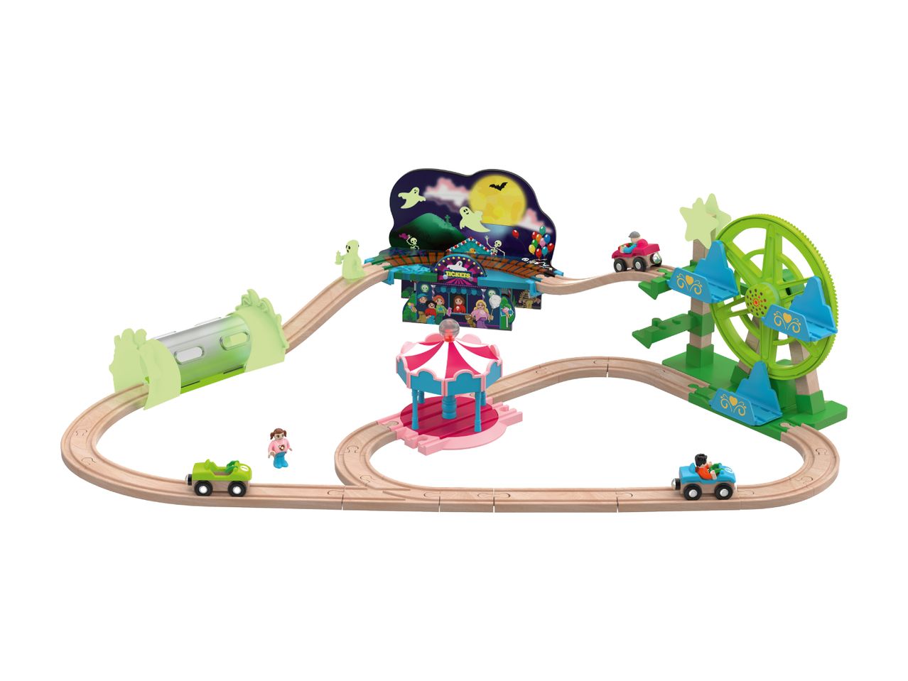 A wooden train track set with a Halloween-themed amusement park, including a Ferris wheel and carousel.