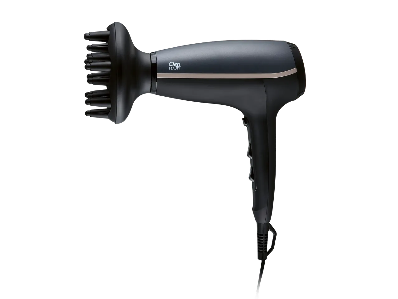 Secador de cabelo preto com difusor, detalhes dourados e botões laterais.