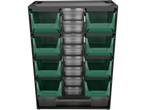 Parkside's green and clear plastic storage bins are neatly organized in a black stacking unit.