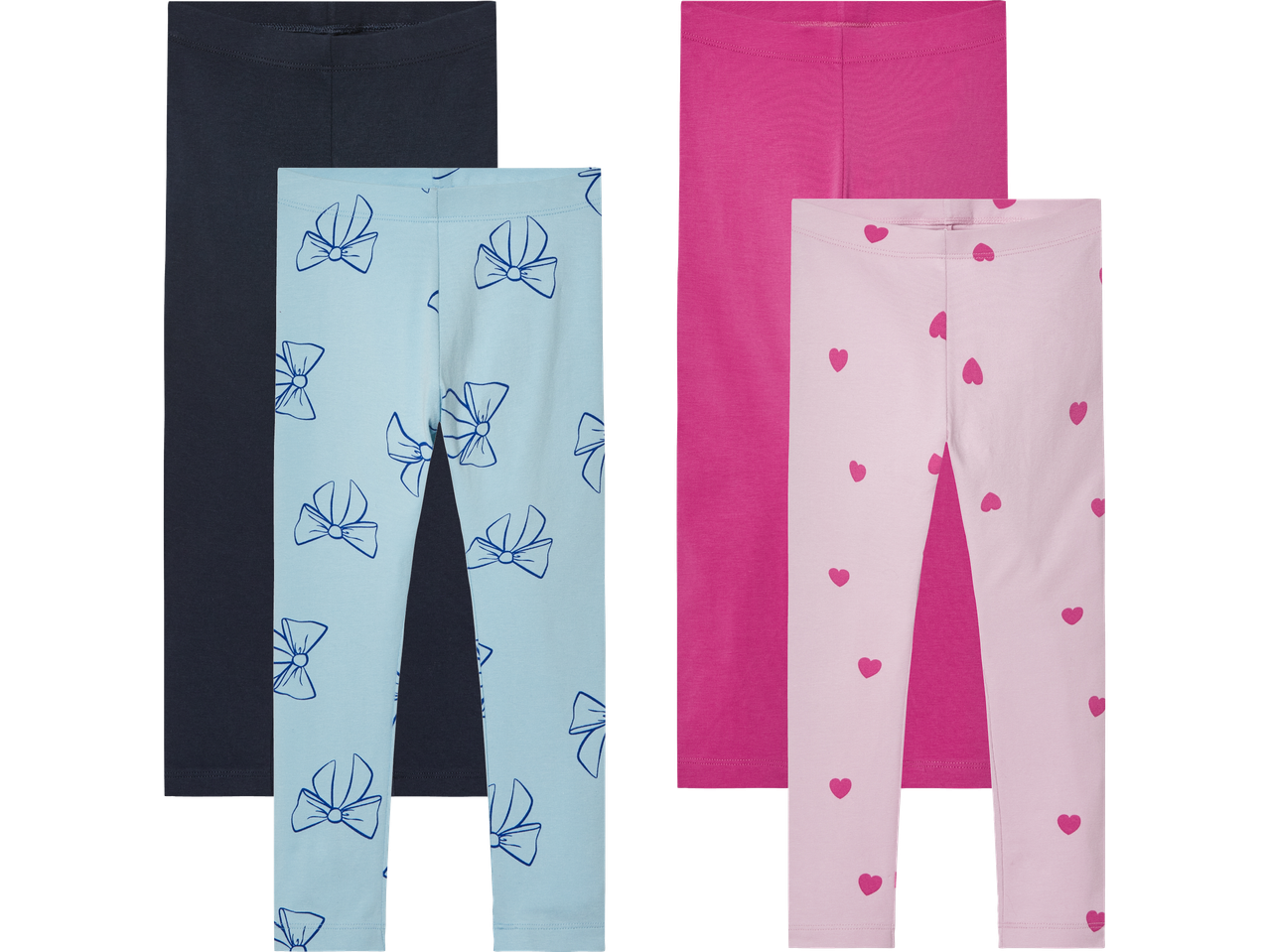 Leggings-set för flickor med olika mönster: blå med rosetter, rosa med hjärtan och enfärgad mörkblå.